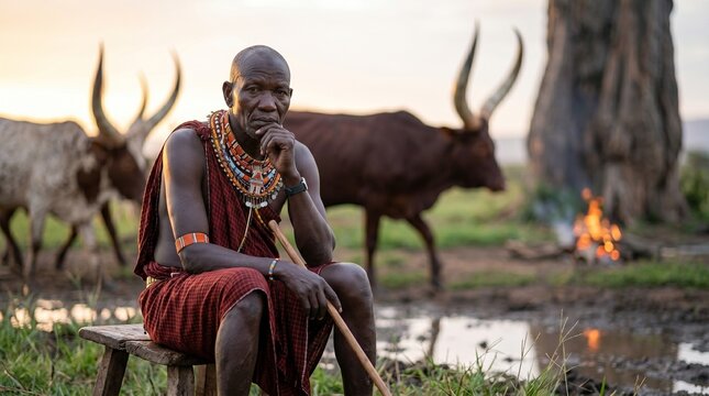 Maasai elder with Ankole cattle at sunset