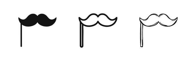 Mustache on a Stick Icon Set, Photo Booth Prop Symbol, Solid Outline and Sketch Styles © drawing lines