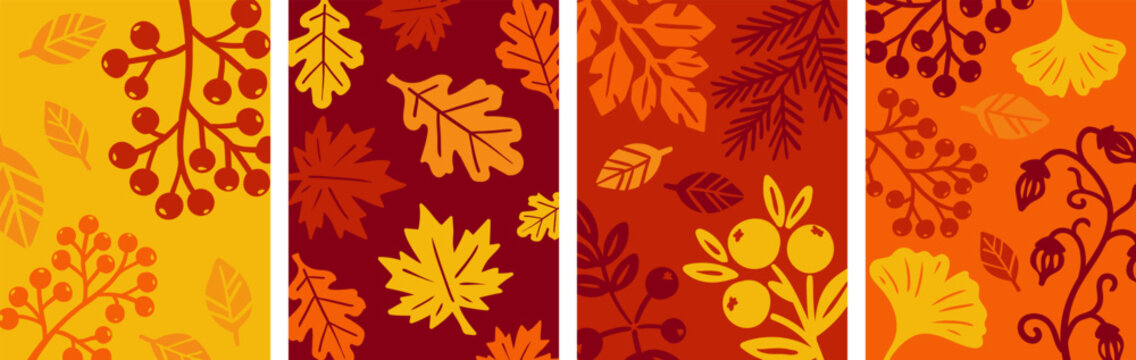 Autumn warm color flat style vertical banners set with hand-drawn leaves and berries for posters, cards and web design