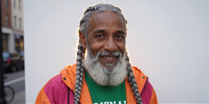 A man with gray braided hair and beard poses on a city street, wearing an orange and pink jacket, surrounded by urban architecture.