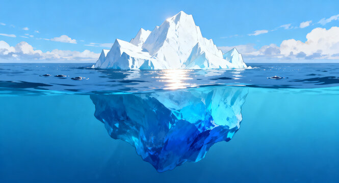 A majestic iceberg emerges from the ocean, with a large portion submerged, revealing the vastness of its hidden mass below the water's surface under a clear blue sky