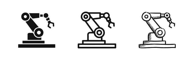 Industrial Robotic Arm Icon Set, Automation and Manufacturing Symbol, Solid Outline and Sketch Styles © drawing lines