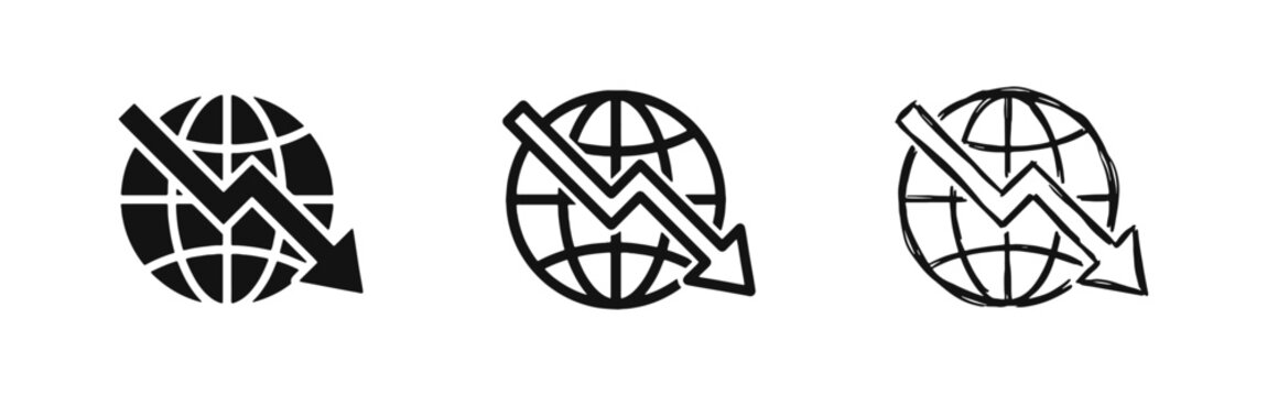 Global economic recession icon set, world market crash with down arrow, financial crisis symbols, vector illustration