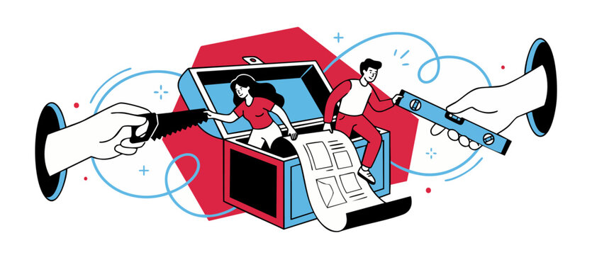 Website UI UX development team building digital interface homepage layout from chest using work tools. Creative flat vector illustration of startup constructor process, teamwork agency web creation.