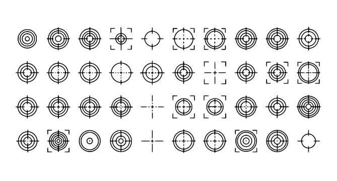 Linear target icon collection with bullseye focus crosshair and precision reticle symbols vector illustration