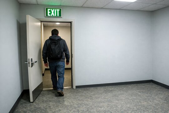 A person entering a room with an exit sign visible in the background