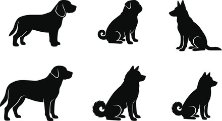 Set of black silhouette dog icons representing various popular canine breeds in sitting and standing poses © MdAsikul