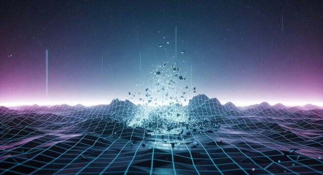 Fractured Digital Landscape Hologram Exploding with Light and Particles