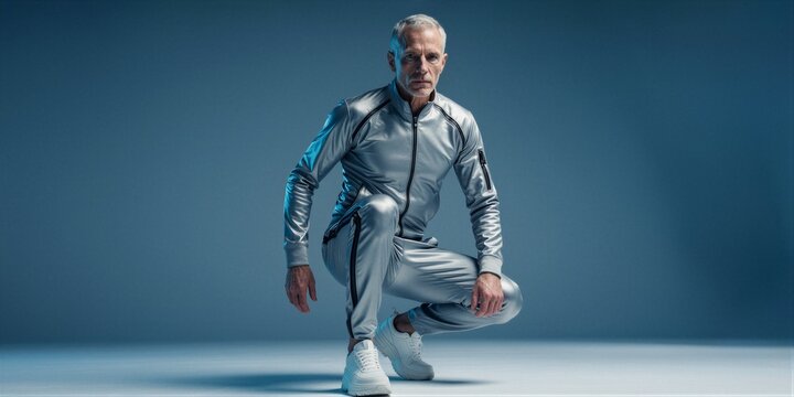 A middle-aged man in a sleek silver athletic tracksuit is posed in a deep squat position on a gradient blue background with a light gray floor.