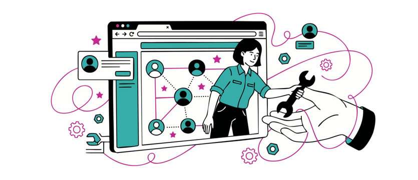 Flat vector illustration woman developer optimizing online social network profile system database configuration settings with wrench tool for support website software banner design on white background