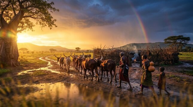 Masai people with Ankole cattle at sunset with a rainbow