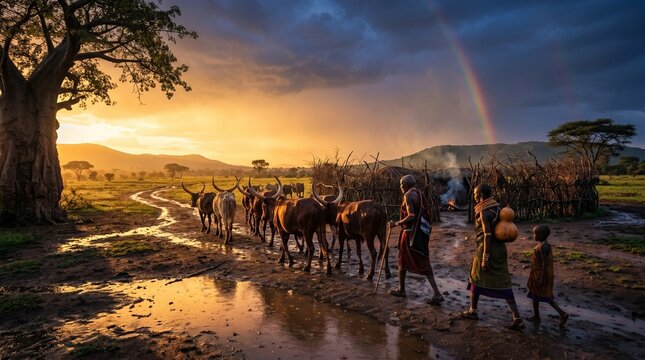 Maasai people and Ankole cattle with a rainbow in the background at sunset