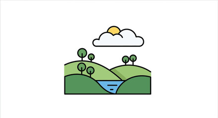Fototapeta premium landscape illustration with hills trees and clouds on white background