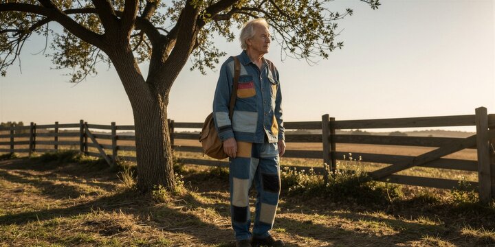 An elderly man stands contemplatively in a rural outdoor setting, wearing a patchwork denim shirt and pants, with a brown leather bag at his side.