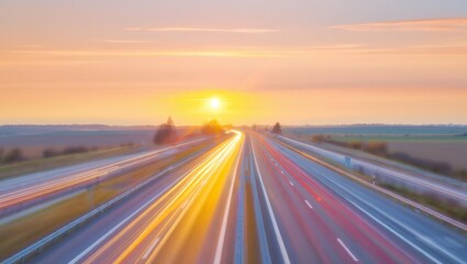 Obraz premium A picturesque view of a highway at sunset, showcasing the vibrant colors of the sky and the motion of traffic.