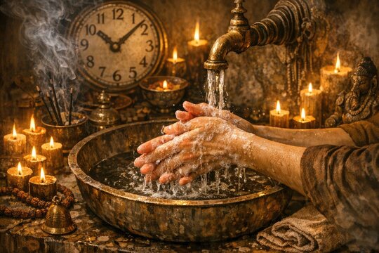 A person washing their hands in a bowl of water, great for hygiene and cleanliness concepts