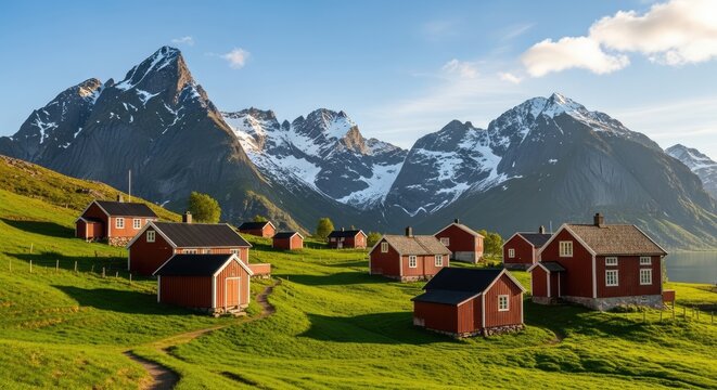 Traditional red cabins on grassy hills under snow capped mountains