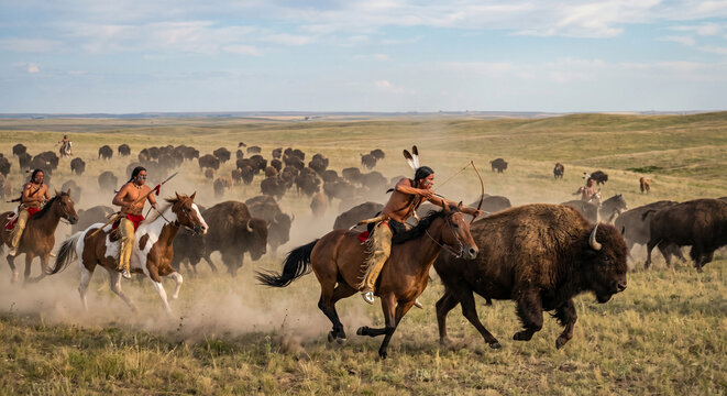 Native warriors chase bison across vast plains under a bright blue sky