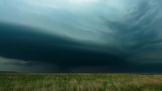 Time-lapse capturing a powerful supercell thunderstorm with intense lightning flashing over the wilderness.