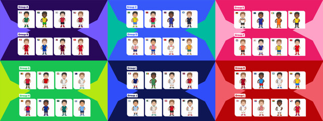 Complete World Cup 2026 vector character mega bundle featuring 48 football boy mascots from Groups A to L. Cute football players in national team jerseys with flags © Kybo Creative