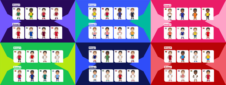 Complete World Cup 2026 vector character mega bundle featuring 48 football boy mascots from Groups A to L. Cute football players in national team jerseys with flags