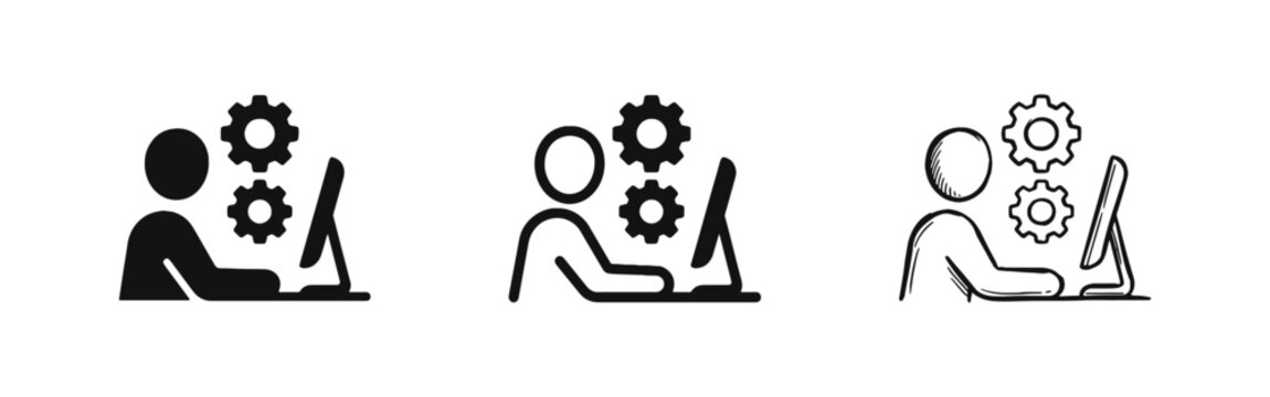 Computer Engineer and IT Support Icon Set with Gears and Monitor