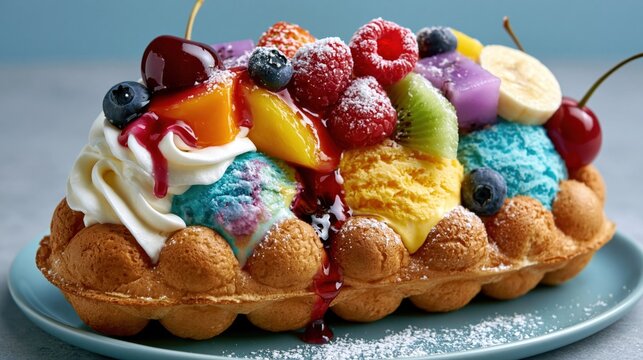 Taiwanese bubble waffle dessert filled with colorful ice cream scoops and fresh berries