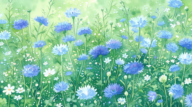 Watercolor meadow with blue cornflowers and tiny white blossoms illustration