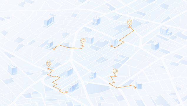 Isometric light blue city map with four orange location pins connected by curved delivery route lines