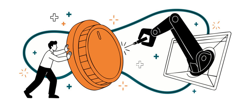 Robotic arm human worker adjusting large control dial, flat vector illustration of technology automation, digital transformation, system optimization, collaboration, human machine interface, work futu