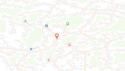 Fototapeta premium Light city map with central red pin connected by arrows to home parking shop and service icons nearby
