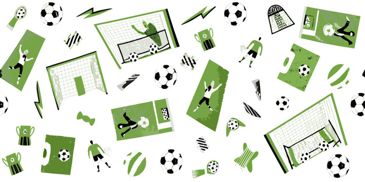 Soccer themed vector illustration with footballs players and goalposts on white background