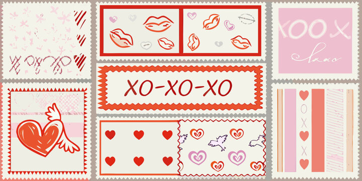 Love themed pattern with hearts kisses and cupid wings vector illustration