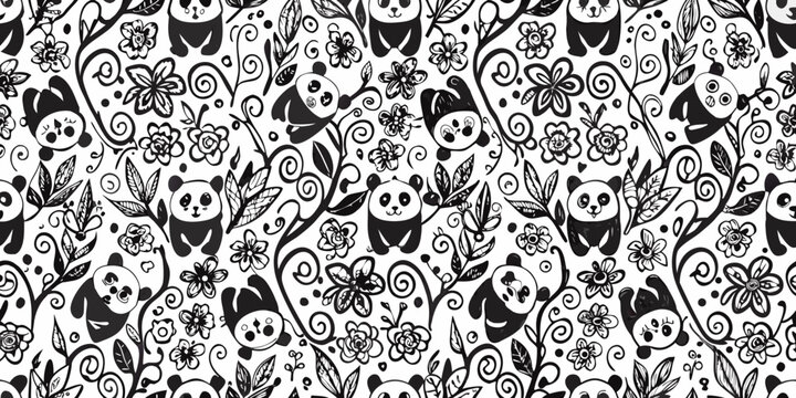 Panda and floral ornament seamless vector pattern on white background