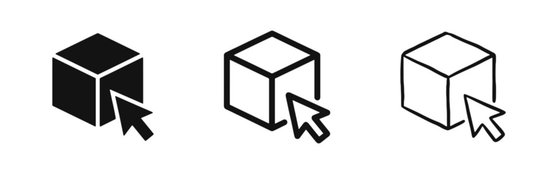 3D Model and Cube Selection Icon Set with Mouse Cursor