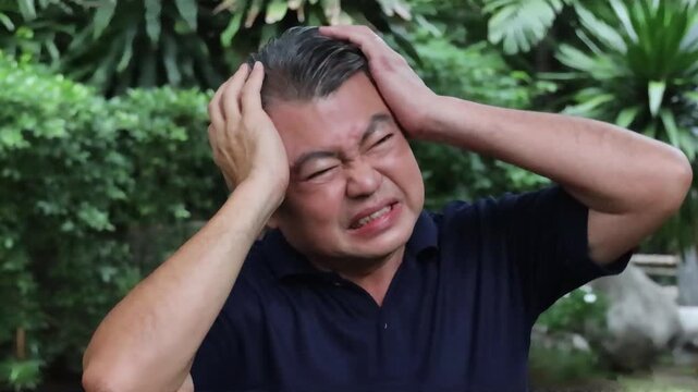 Middle aged old asian man suffering from headache, health and sickness concept for vertigo symptoms, dizziness, stress, stroke, depression, burnout, Alzheimer, brain cancer, PTSD, Meniere disease