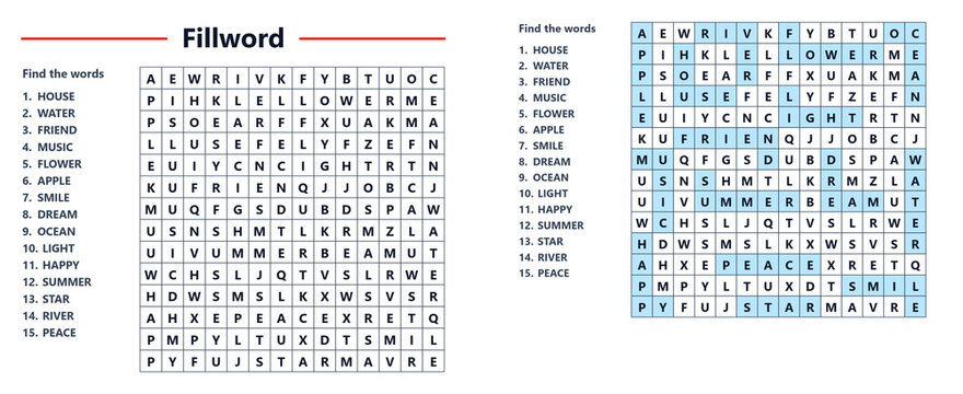 Filled word search puzzle with highlighted answers and clues  