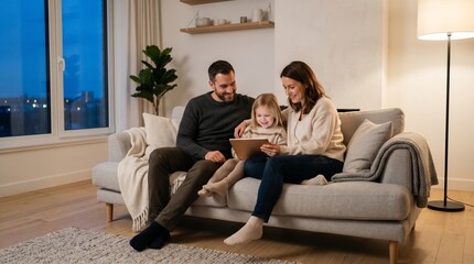 Obraz premium A happy man and woman sit on a cozy sofa with their little daughter watching a video on a digital tablet, evening family relaxation.
