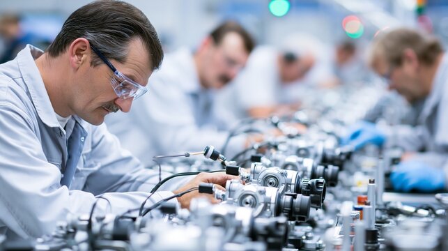 Assembly line workers fitting motorized throttle bodies with position sensors for gasoline engines highlighting precision and automated manufacturing processes.
