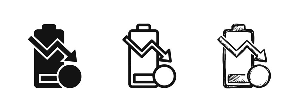 Low Battery and Energy Consumption Icon Set with Down Arrow and Coin
