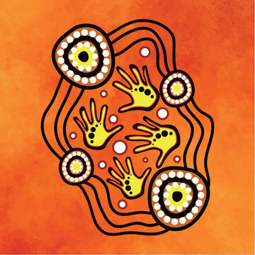 Orange Handprint Aboriginal Inspired Tribal Dot Painting Illustration