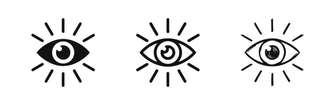 Vision and eyeball with light rays icon set representing focus and surveillance