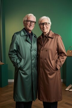 Two elderly individuals in high-end attire pose together in a studio setting with a green backdrop and polished parquet flooring.