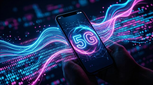Hand holding smartphone with glowing 5G sign and abstract digital lines. High speed internet connection concept. Wireless communication technology, data transmission and network innovation.