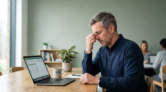 Tired male teacher rubbing his eyes at a desk with a laptop, illustrating digital eye strain, professional burnout, and heavy academic workloads.
