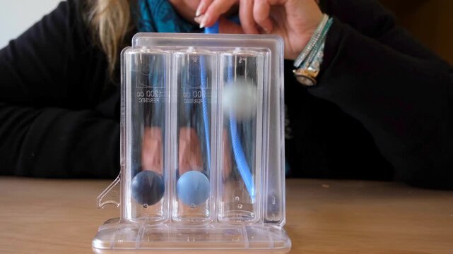Respiratory therapy spirometer close‑up showing woman inhaling to lift airflow indicator balls.  