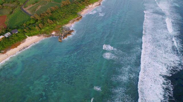 ドローン空撮：美しい海から緑豊かなパッチワーク畑の陸地へ前進する海岸風景