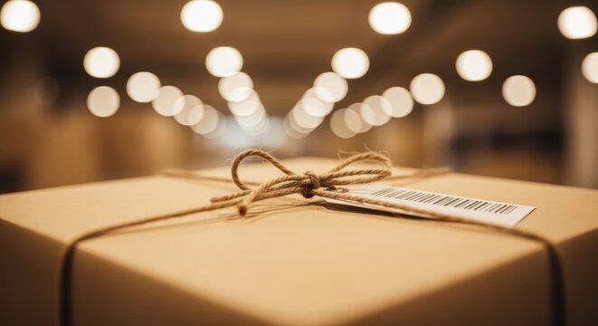 Closeup of a brown cardboard delivery package with twine knot and barcode label