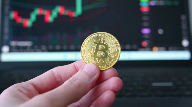Human hand holding shiny bitcoin coin in front of laptop screen with financial trading charts
