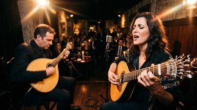 Musicians performing Fado music in a dimly lit venue with an audience